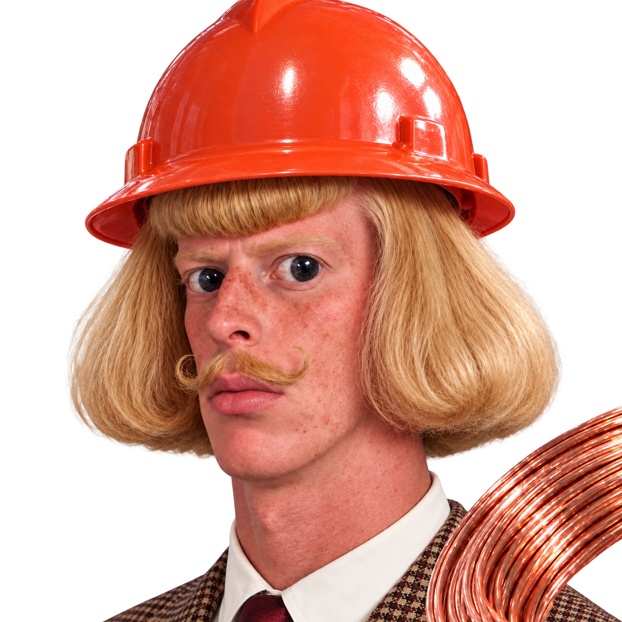 Copper Phil in a red hard hat holding copper cable